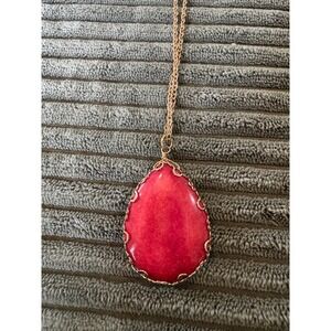 Long Red Teardrop Stone Pendant Necklace Gold Tone Chain Women's Fashion Jewelry